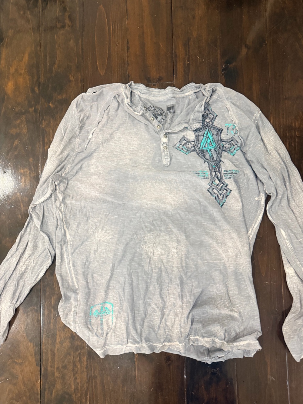 Affliction Light Gray Long Sleeve Henley with Turquoise Cross Accent
